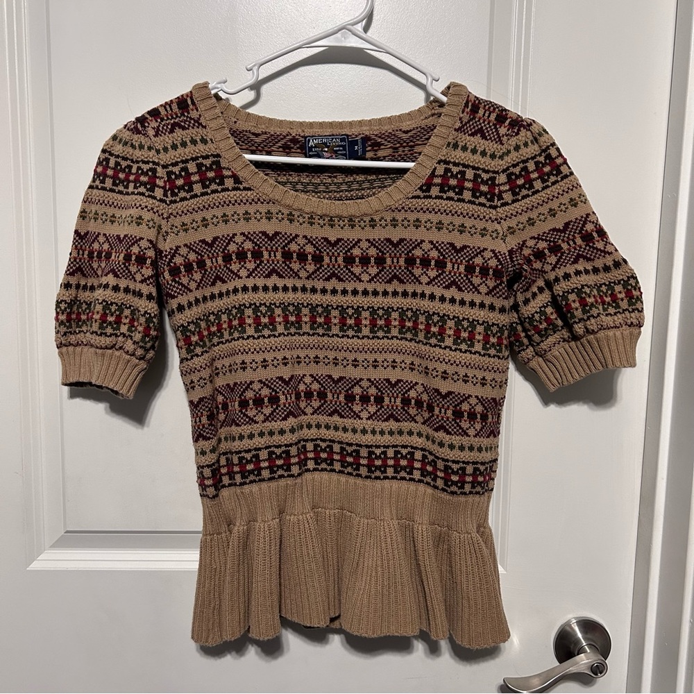 American Living Tan Knit Multicolored Short Sleeve Frilly Poofy Sweater